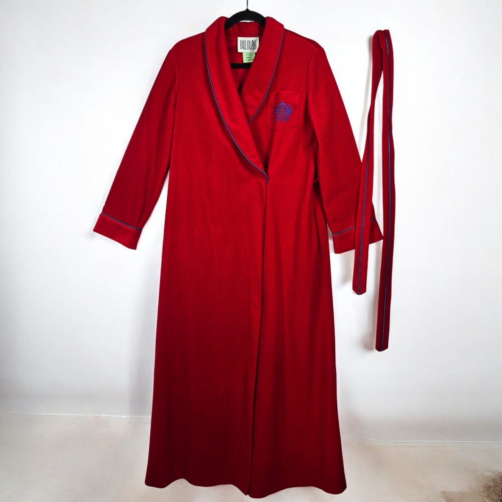 VTG Bill Blass Robe Small Red Dacron Polyester Long Lounger Luxury Trim Belt USA